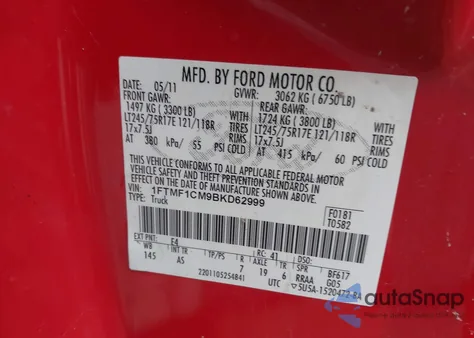 2011 Ford F-150 Xl z USA, uszkodzony, nr VIN 1FTMF1CM9BKD62999
